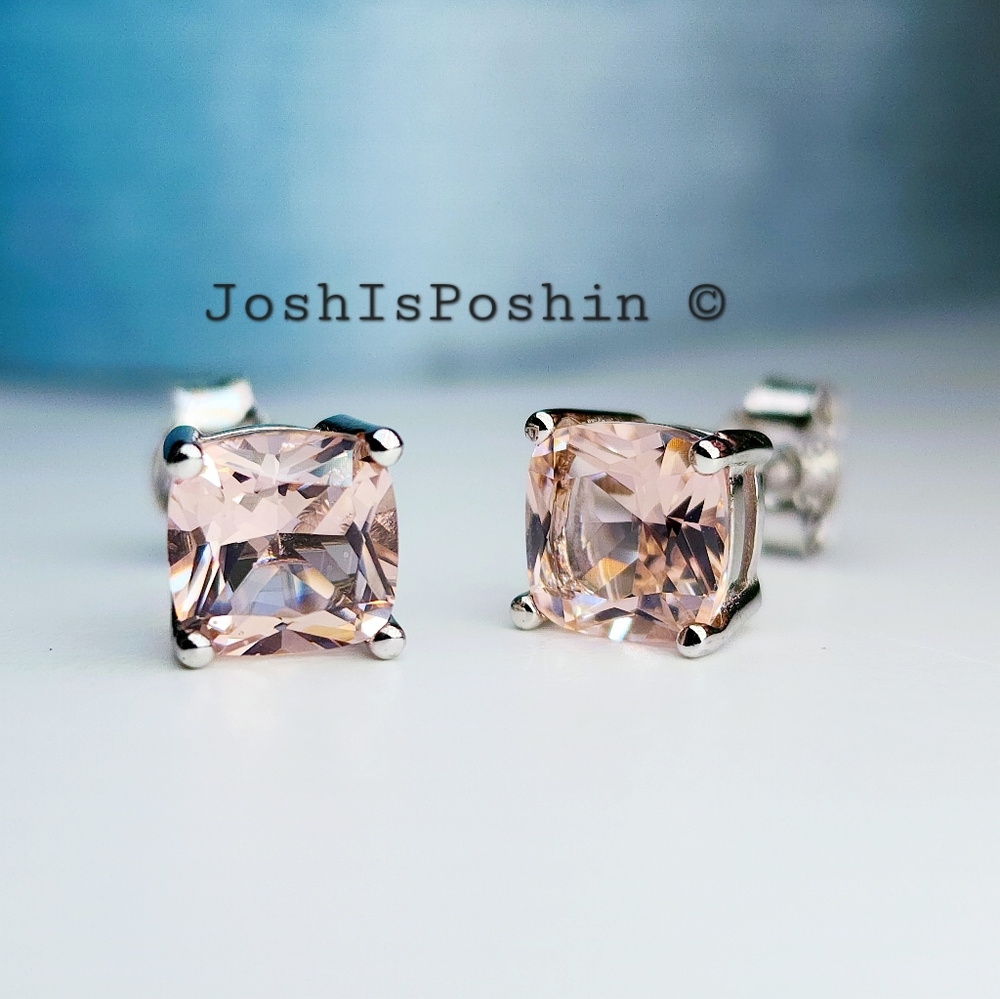 Cushion cut morganite earring studs in sterling silver